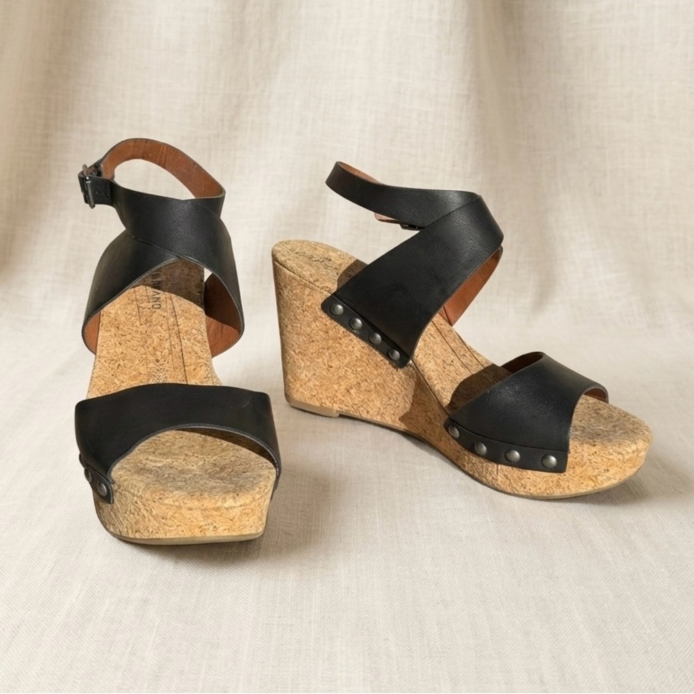 Lucky Brand Black Leather Cork Platform 4” Heel Wedge Sandals Womens 8.5 EUR 39